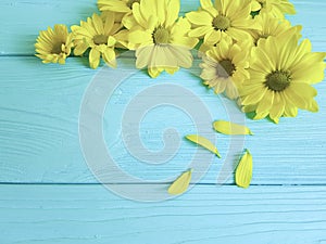 Yellow flowers on a blue wooden background, autumn