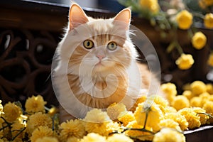 Yellow flowers and cat in historic rome, italy on a sunny day with leisurely exploring felines