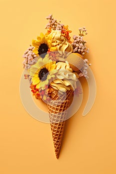 Yellow flowers with ice cream in waffle cone. Spring inspiration background