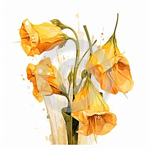 Yellow Flowers In Inkblot Style: Realistic Impression With Paint Dripping Technique