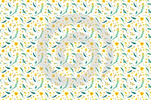 Yellow flowers and leaves seamless pattern Free Vector blue background white background.