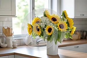 Yellow flowers of sunflowers in a modern kitchen of white tones. Generative AI