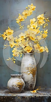 Traditional Vietnamese Impasto Painting: Grey Vases Filled With Yellow photo
