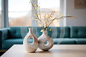 Yellow flowers in white ceramic vases on the table near the blue couch in the living room in a modern minimalist style