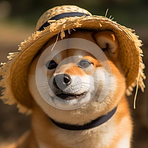 Yellow fluffy dog of the Shiba Inu breed in a straw hat, close-up portrait, cute pet