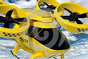 Yellow flying taxi against the sky, city electric transport drone. Car with propellers, clean air, fast ride. Mixed media, copy