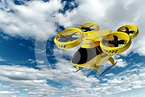 Yellow flying taxi against the sky, city electric transport drone. Car with propellers, clean air, fast ride. Mixed media, copy