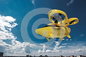 Yellow flying taxi against the sky, city electric transport drone. Car with propellers, clean air, fast ride. Mixed media, copy