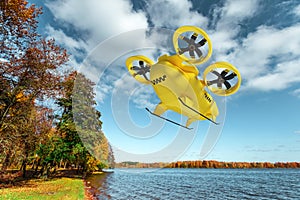 Yellow flying taxi against the sky, city electric transport drone. Car with propellers, clean air, fast ride. Mixed media, copy