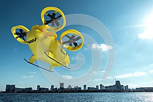 Yellow flying taxi against the sky, city electric transport drone. Car with propellers, clean air, fast ride. Mixed media, copy