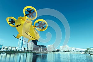 Yellow flying taxi against the sky, city electric transport drone. Car with propellers, clean air, fast ride. Mixed media, copy