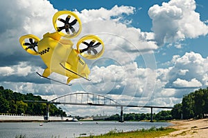 Yellow flying taxi against the sky, city electric transport drone. Car with propellers, clean air, fast ride. Mixed media, copy