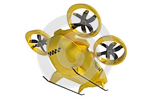 Yellow flying taxi isolated on white background, city electric transport drone. Car with propellers, clean air, fast ride. 3D