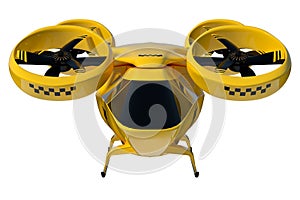 Yellow flying taxi isolated on white background, city electric transport drone. Car with propellers, clean air, fast ride. 3D