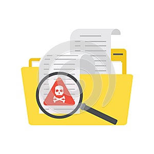Yellow folder with files and documents. Antivirus software searching spam and viruses. Big magnifying glass with red warning mark