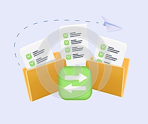 Yellow folder with files. File transfer concept. Yellow folder with document, computer monitor. 3D Vector Illustrations