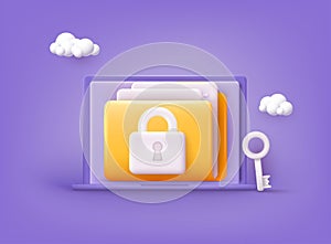 Yellow folder with files. Personal data security concept. Secure information transfer background. 3D Vector Illustrations