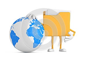 Yellow Folder Icon Cartoon Person Character Mascot with Earth Globe. 3d Rendering