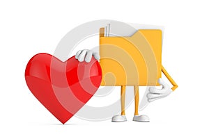 Yellow Folder Icon Cartoon Person Character Mascot with Red Heart. 3d Rendering