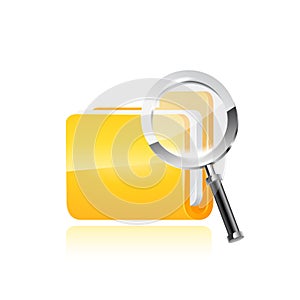 Yellow folder icon and magnifying glass. Vector