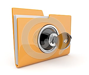 Yellow folder and lock. Data security concept. 3D