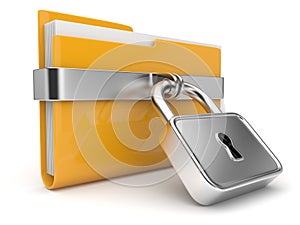 Yellow folder and lock. Data security concept. 3D photo