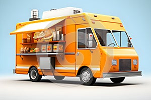 Yellow food truck illustration isolated on blue background. Takeaway food and drinks