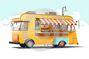 Yellow food truck illustration isolated on white and green background. Automobile cafe or restaurant on wheels