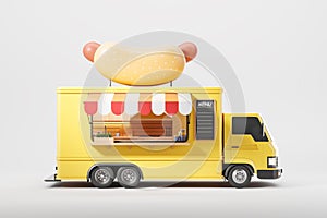 Yellow food truck with kitchen, hot dog. Isolated over grey background