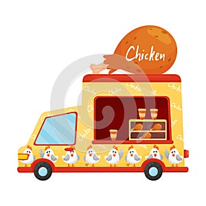 Yellow food truck with a pattern of inscriptions Chicken. Vector illustration on a white background.