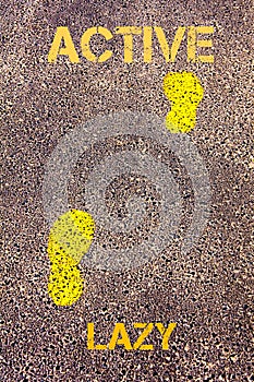 Yellow footsteps on sidewalk from Lazy to Active message. Concept image