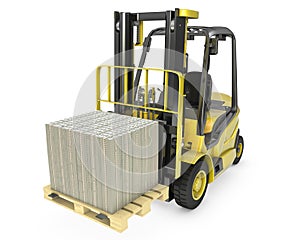 Yellow fork lift truck moves stacked dollars