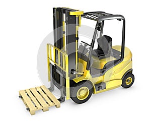 Yellow fork lift truck, with a pallet