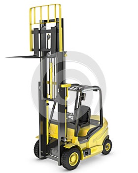 Yellow fork lift truck with raised fork
