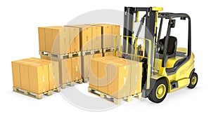 Yellow fork lift truck with stack of carton boxes