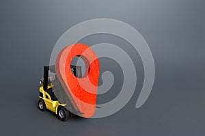 Yellow forklift carries a red location pin pointer. Transportation services and logistics, warehouse management. Real-time