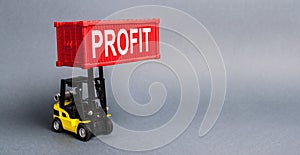 A yellow forklift lifts a red container labeled Profit. The concept of raising profits and income from successful investments