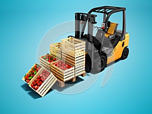 Yellow forklift with loaded boxes of red apples 3d render on blue background with shadow