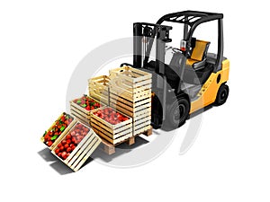 Yellow forklift with loaded boxes of red apples 3d render on white background with shadow