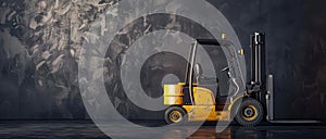 Yellow forklift is parked in front of a wall