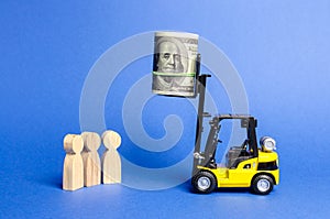 Yellow forklift raised to the height of the bundle of money unattainable for people below. Main prize, puzzle, contract. photo