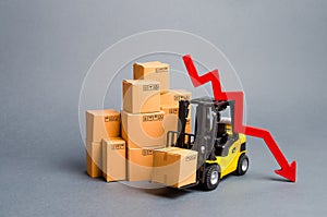 Yellow Forklift truck with cardboard boxes and a red arrow down. Concept drop in industrial production and business. economic