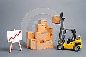 Yellow Forklift truck with cardboard boxes and a red arrow up. Increase sales, production of goods. Improving consumer sentiment