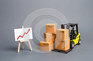 Yellow Forklift truck with cardboard boxes and a red arrow up. Increase sales, production of goods. Improving consumer sentiment