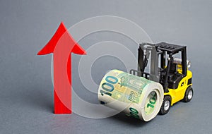 Yellow Forklift truck carries a big bundle of Euros and red arrow up. Economic reforms, emerging markets. Growth of income