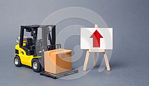 Yellow Forklift truck carries a box next to an easel with a red up arrow. Increasing the pace of production of goods and services