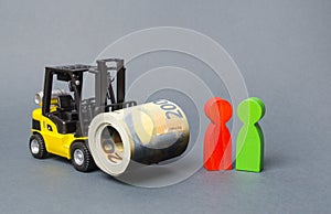 Yellow Forklift truck carries a large bundle of Euros, a customer and seller. Investments, Preferential cheap loans for business