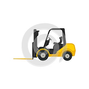 Yellow forklift truck with fork in front. Industrial vehicle using in warehouses for lifting and carrying heavy loads