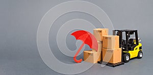 Yellow Forklift truck near carton boxes with a pattern of shopping carts and umbrella. insurance, providing warranty on purchased