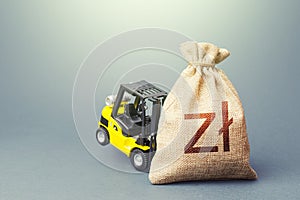 Yellow forklift unable to lift a polish zloty money bag. Helicopter money, subsidies soft loans. Strongest financial assistance